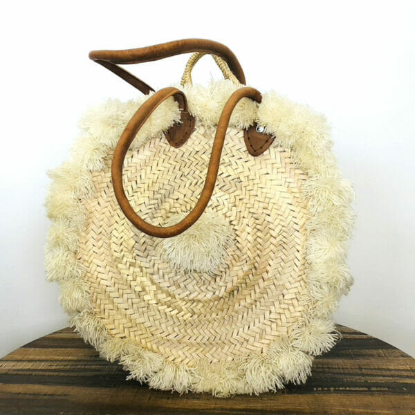 SAC ROND PAILLE POMPONS ECRU