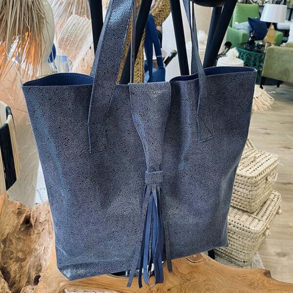 Sac Léa pompon cuir - Bleu chiné