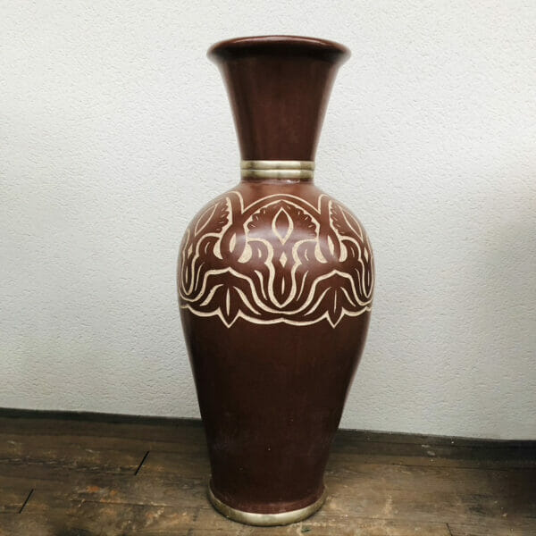Petite jarre marocaine artisanale en terre cuite marron à motifs en bandeau écru décoration interieure et exterieure boutique Plume magasin de déco Rouen le Petit-Quevilly Normandie