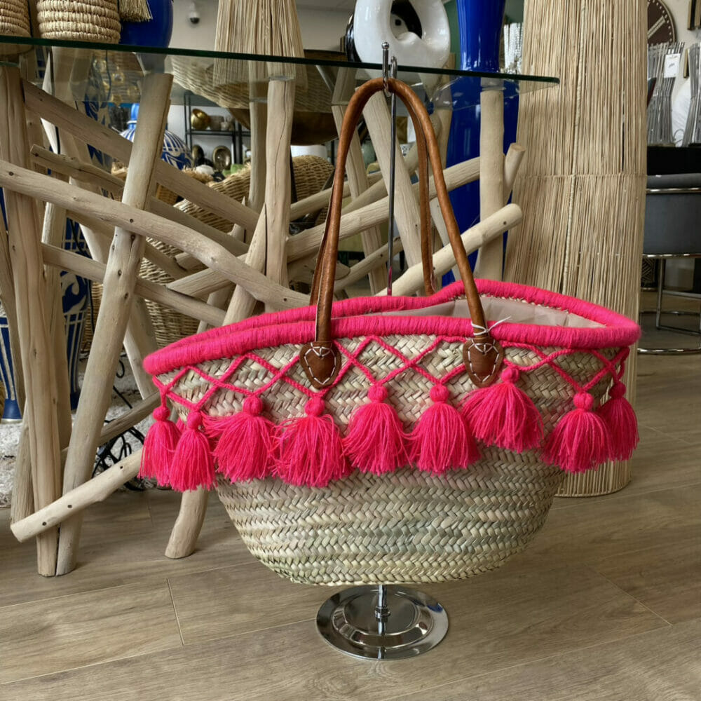 CABAS PAILLE Pompons rose fluo