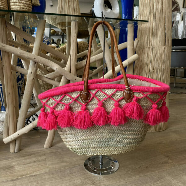 CABAS PAILLE Pompons rose fluo