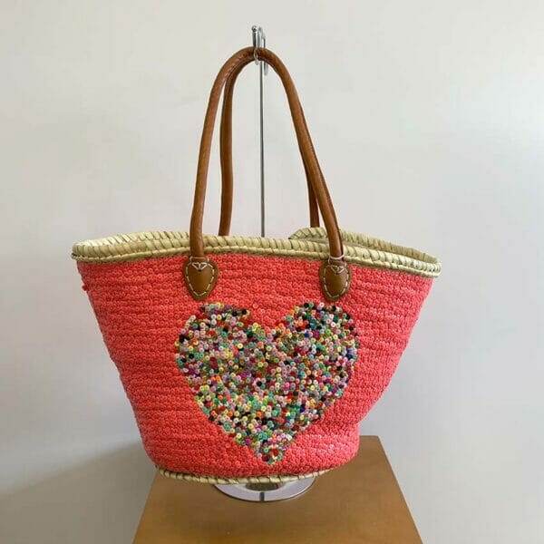 CABAS PAILLE - Rose coeur multicolore