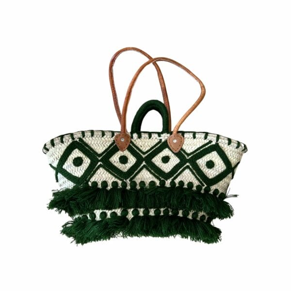 Cabas paille avec anse en cuir et motif/pompon brodé boutique Plume magasin de déco Rouen Le petit Quevilly Normandie