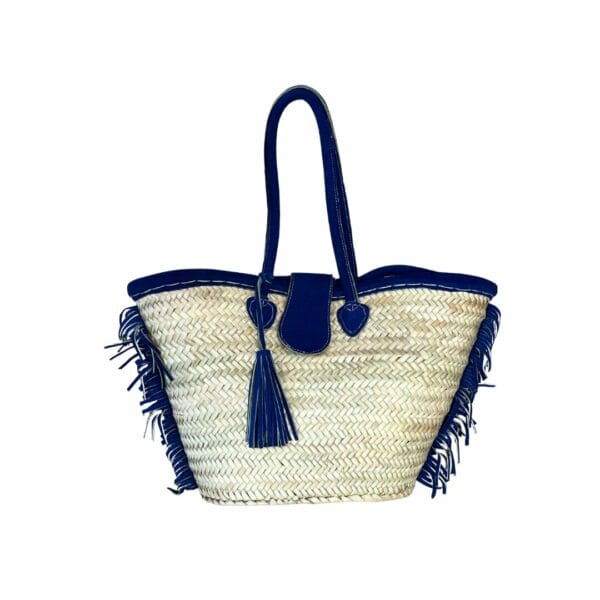 Cabas paille avec anse en cuir bleu majorelle boutique Plume magasin de déco Rouen Le petit Quevilly Normandie