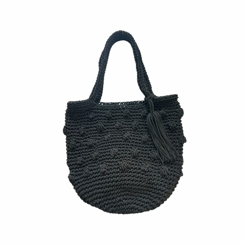 Sac tote bag au crochet corde avec boule noir artisanal boutique Plume magasin de déco Rouen le petit quevilly Normandie