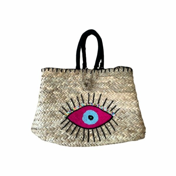 Sac paille à motifs brodés oeil rose boutique plume magasin de déco Rouen le petit Quevilly Normandie