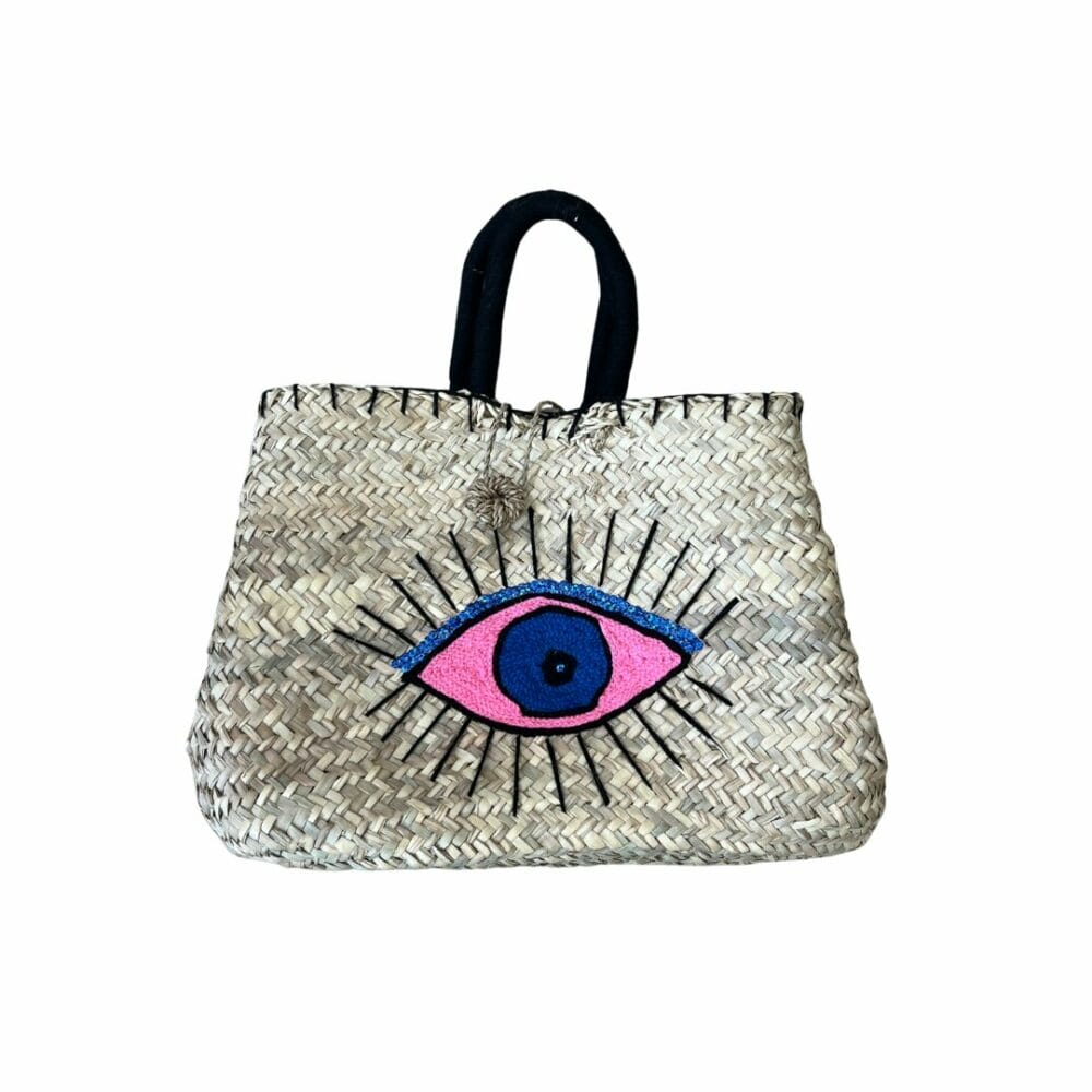 Sac paille à motifs brodés oeil rose clair boutique plume magasin de déco Rouen le petit Quevilly Normandie