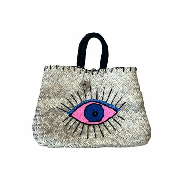 Sac paille à motifs brodés oeil rose clair boutique plume magasin de déco Rouen le petit Quevilly Normandie