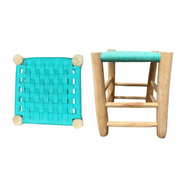 Tabouret en bois massif et corde tressé turquoise artisanal décoration boutique Plume magasin de décoration Rouen le petit Quevilly Normandie