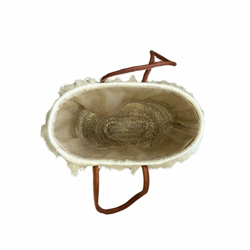 Cabas paille avec anse en cuir et pompon brodé boutique Plume magasin de déco Rouen Le petit Quevilly Normandie