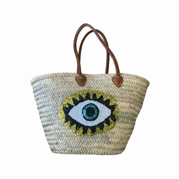 Cabas paille avec anse en cuir et motif brodé boutique Plume magasin de déco Rouen Le petit Quevilly Normandie