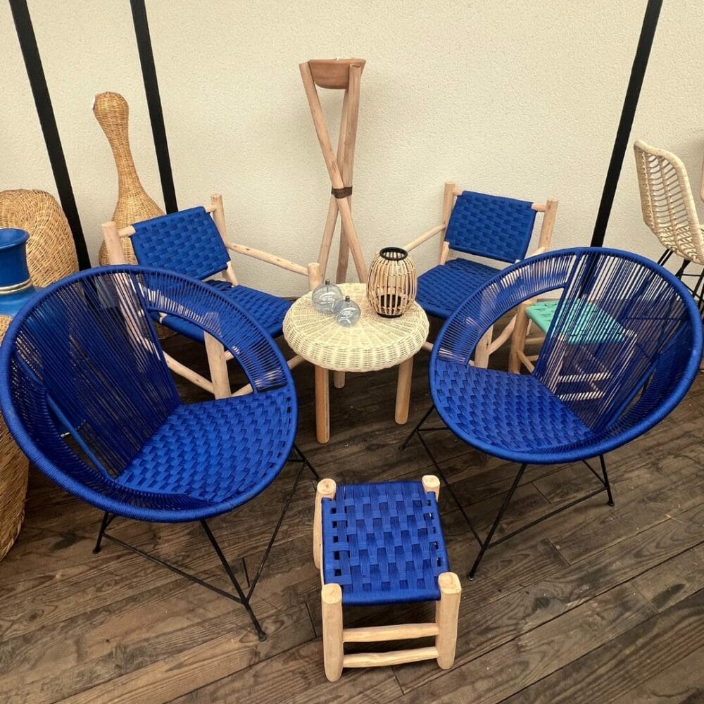 fauteuil en corde tressée et fer forgé bleu majorelle artisanal décoration interieure et extérieure boutique plume magasin de décoration Rouen le petit quevilly normandie