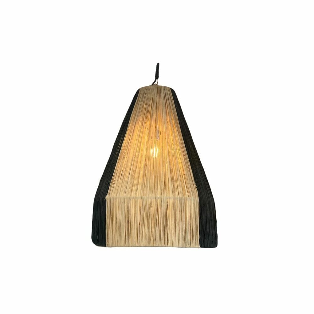 Suspension forme de cone en raphia naturel et noir luminaire décoration boutique plume magasin de déco rouen le petit quevilly normandie