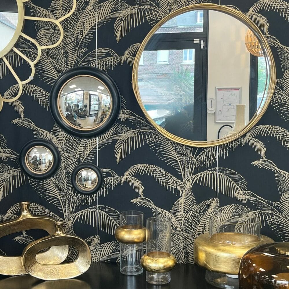 miroir rond couleur or décoration de la boutique plume magasin de déco rouen le petit quevilly normandie