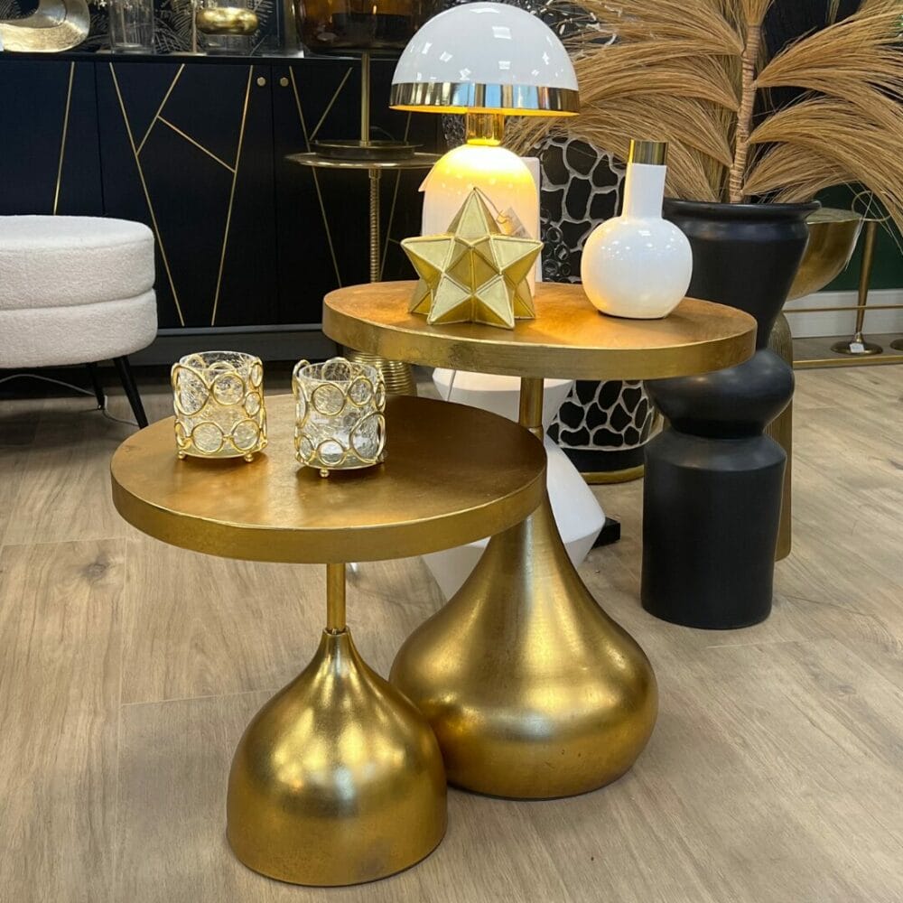 tables gigognes en forme de goutte doré décoration de la boutique plume magasin de déco rouen le petit quevilly normandie