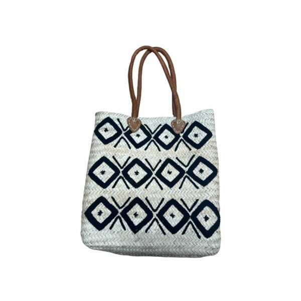Sac paille artisanal avec des motifs noirs brodés dessus , sac de la boutique plume magasin de déco aux docks76 à Rouen normandie